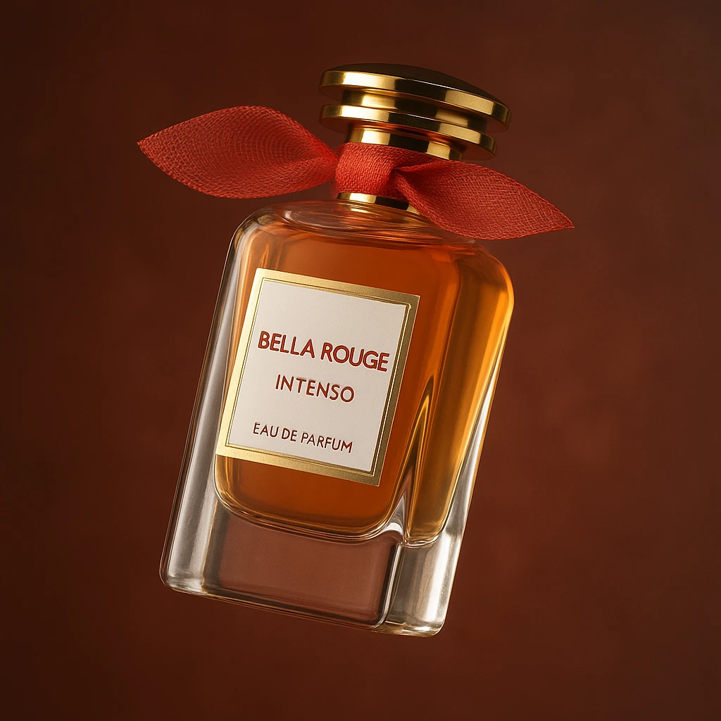 Bella Rouge Intenso, een amberkleurige parfumflacon met rood lint